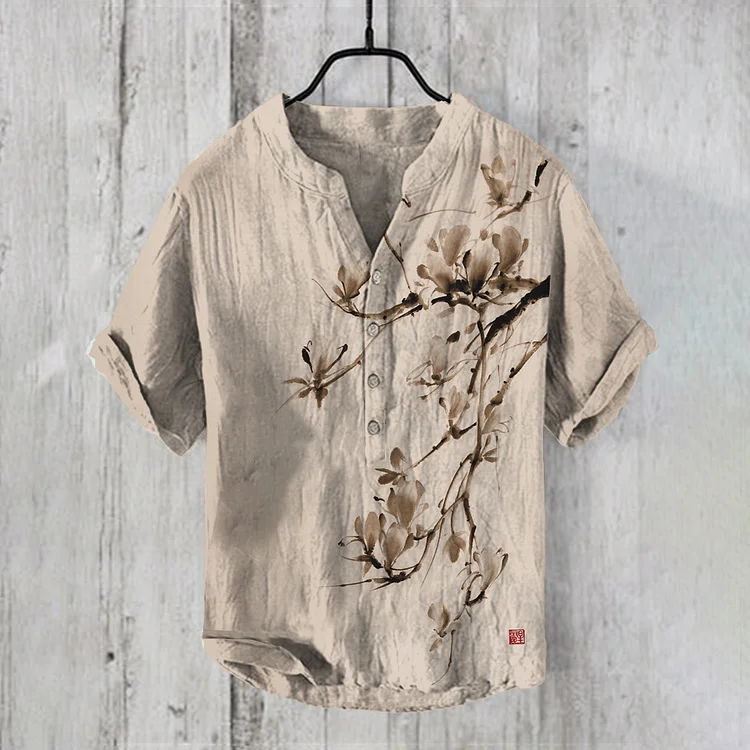 Vintage Japanese Magnolia Flower Casual Linen Blend Shirt