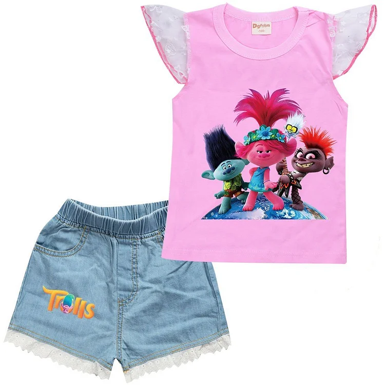 Trolls Print Girls Cotton Ruffle Shoulder Tank Top Denim Shorts Sets-Mayoulove