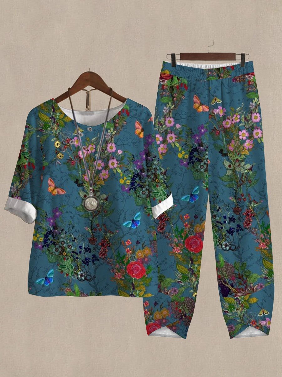 Butterfly Floral Print Top And Pants Two-piece Suits