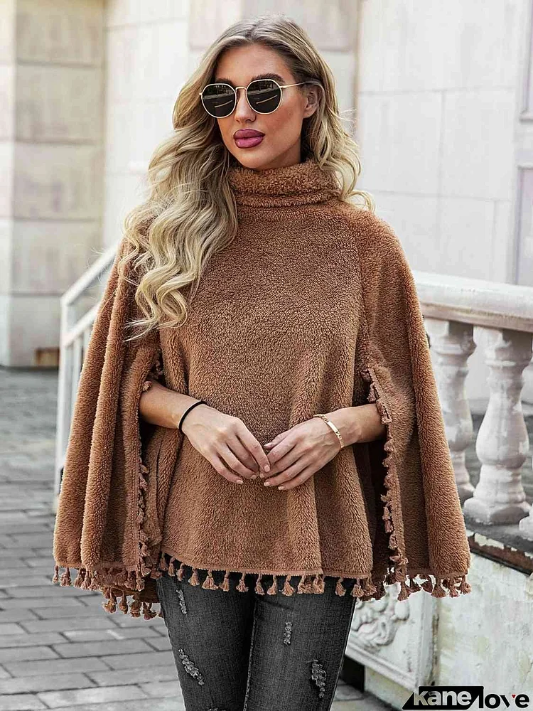 Full Size Turtleneck Tassel Hem Poncho