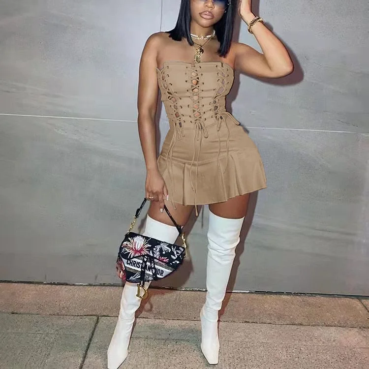 CM.YAYA Women Lace Up Strapless High Waist  Romper Playsuit 2022 Spring Summer Sexy Party Clubwear Bodycon One Piece Overalls