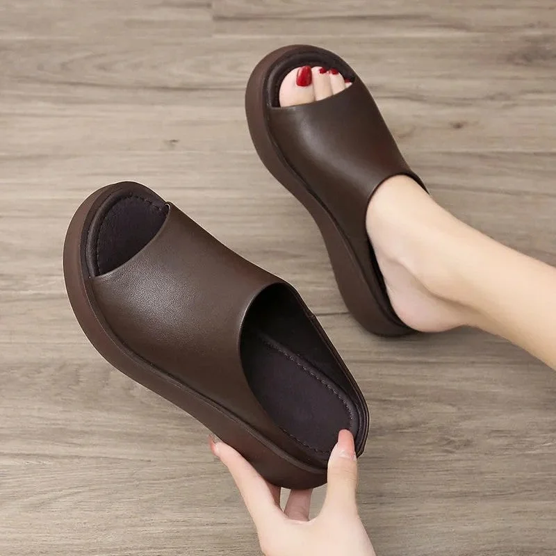 Women Sandals 7.5cm Platform Wedges Women's Shoes Thick Heel Open Peep Toe Sandals Leather Summer Style Slide Black Shoes