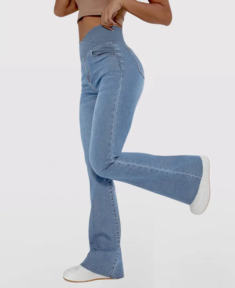 Stretchy Denim High Waisted Crossover Flare Pants (Buy 2 Free Shipping)