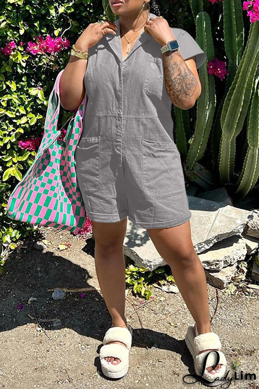 Pink Fashion Casual Solid Patchwork Turndown Collar Regular Romper