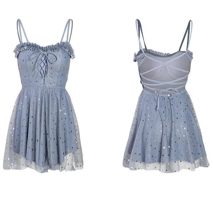 Cute Orange/Blue Polka Dot Paillette Halter Dress Swimsuit SP15883