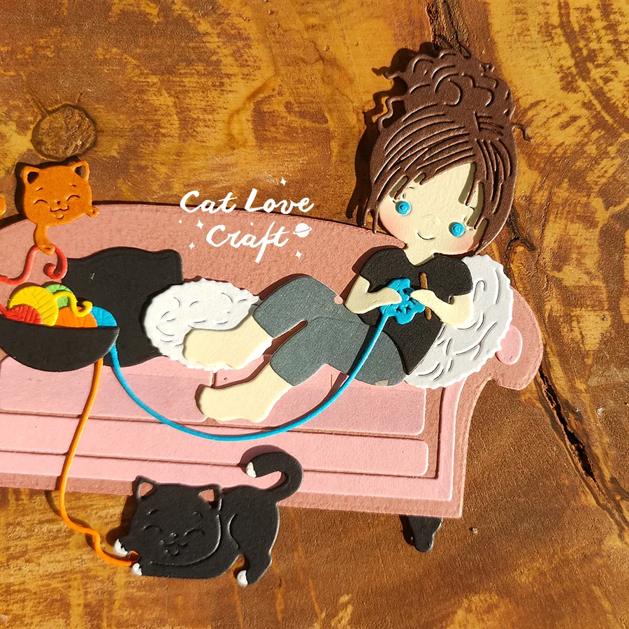 Nigikala Girl knitting on the sofa Metal Cutting Dies Scrapbooking Stencil Die Cuts Card Making Craft Embossing New Dies For 2023