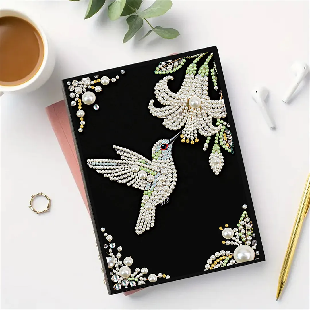 Flowers and Hummingbirds Partial Pearl DIY 50 Pages A5 Diamond Painting Notebook Special Shaped Diamond Art Diary Book Kits Wireless Strip 5D Crystal Art Paintings Sketchbook for Art Drawing