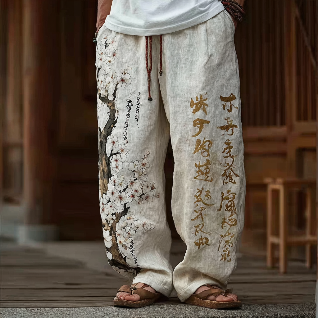 Japanese Art Style Sakura And Calligraphy Pattern Leisure Linen Long Pants  artssus