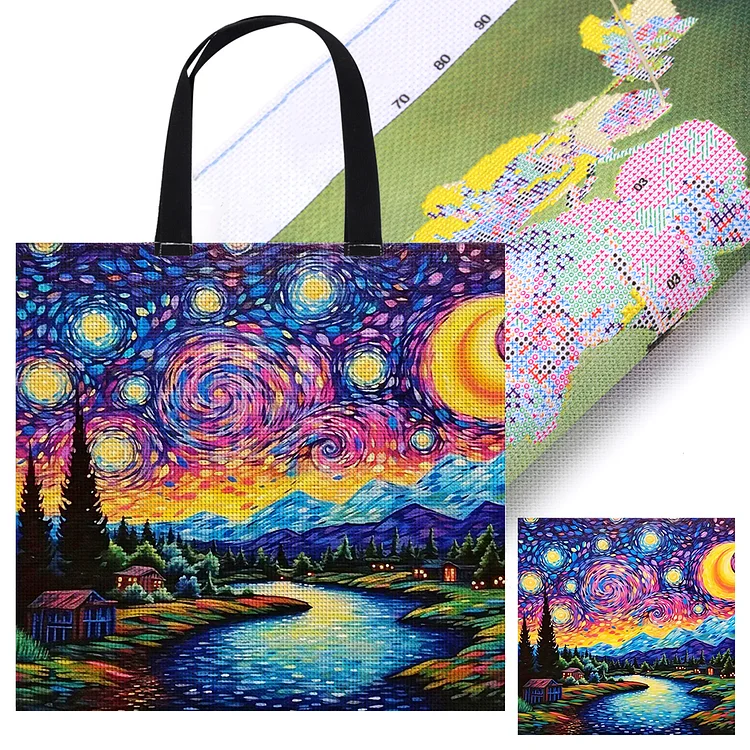 11CT Starry Sky Landscape Embroidery Kit Canvas Tote Bag Gift for Friends40x40cm gbfke