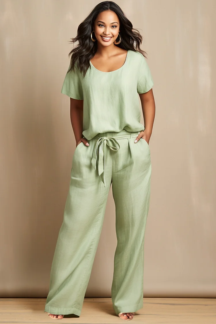 Xpluswear Design Plus Size Vacation Sage Green Casual Round Neck Short Sleeve Pull-On Waist Pocket Linen Two Piece Pant Sets [Pre-Order] 2024 - Xpluswear