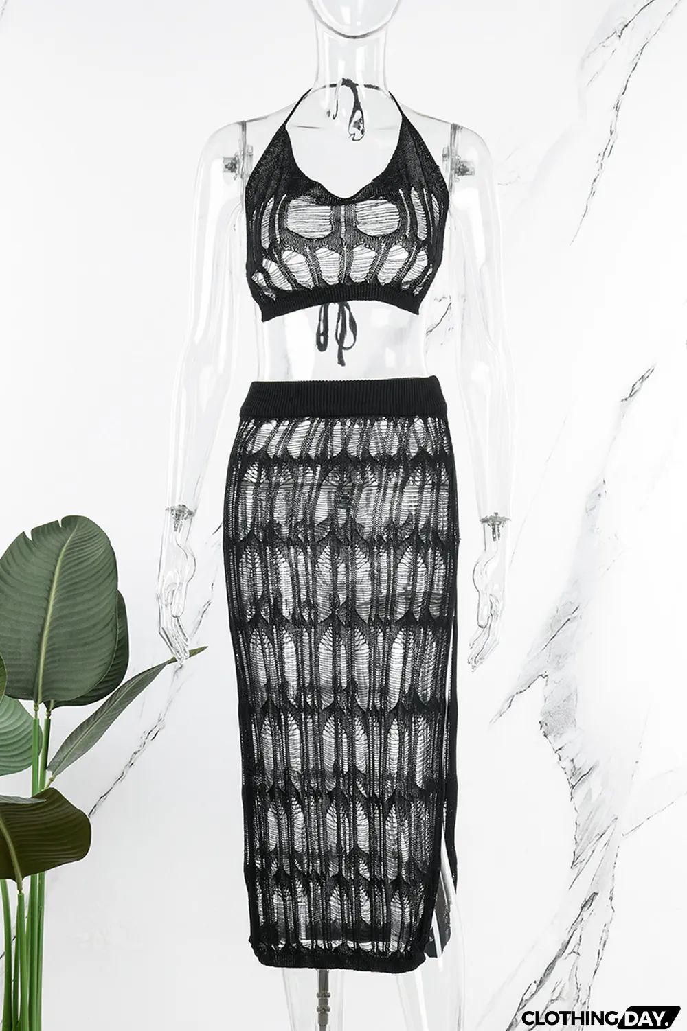 Khaki Sexy Solid Hollowed Out Patchwork Backless Slit Halter Sleeveless Two Pieces