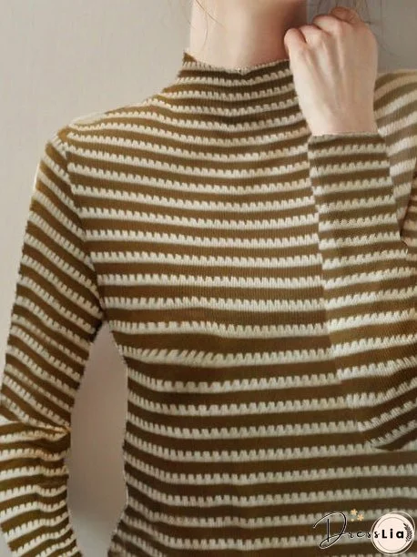 T-Shirts High Neck Stripe Long Sleeve T-Shirt for Women