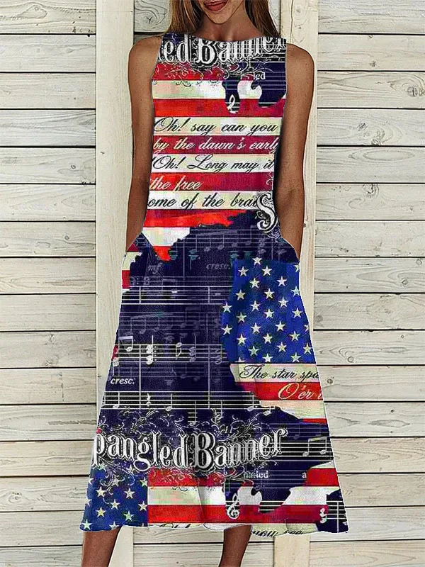 Women's Independence Day Themed American Flag Sheet Element Print Pocket Dress