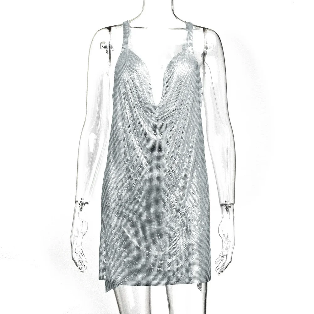 Uveng Uveng High Waist Temperament Commuting Half Body Slit Sling Type Sequin Skirt Blue Solid Color Sling Y1375