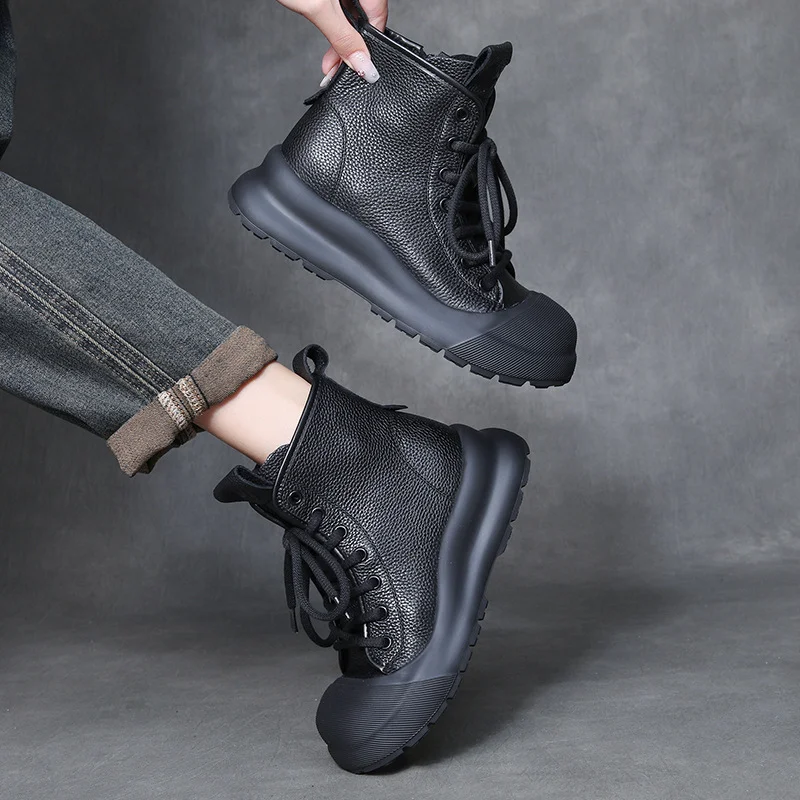 Yyvonne Cowhedular Retro Martin Boots Women 2025 Autumn And Winter New Set Of Leisure Short Boots With Round Head High-Top Shoes