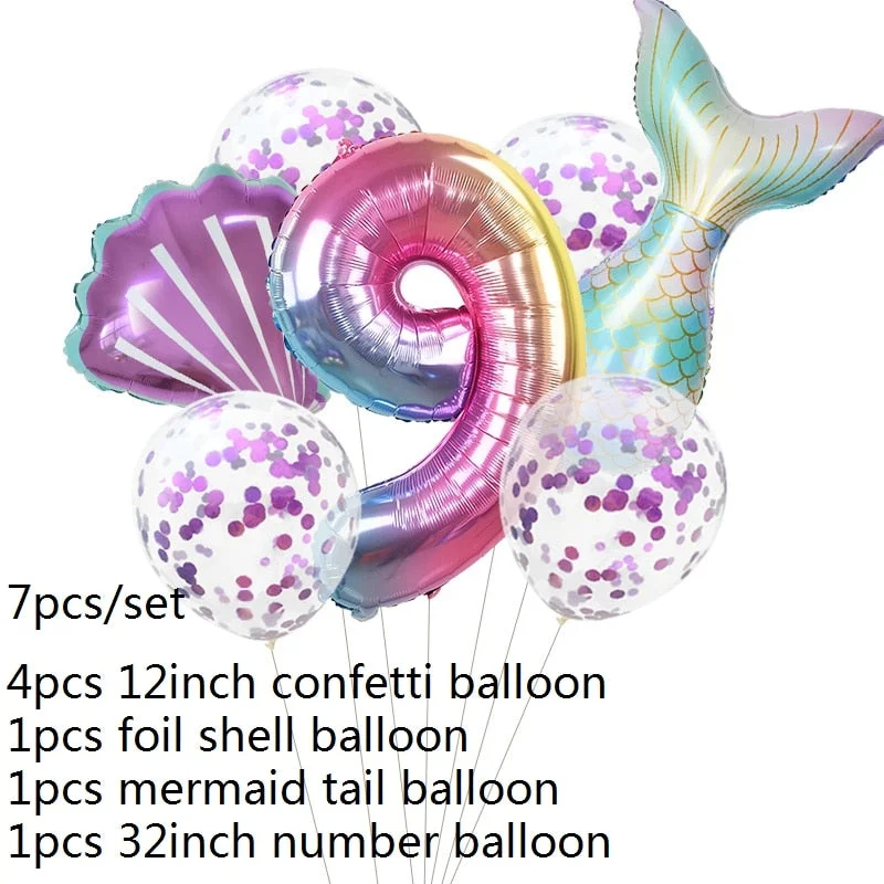 7pcs Mermaid Party Balloons 0 1 2 3 4 5 6 7 8 9 Number Foil Balloon Kids Birthday Party Decorations Baby Shower Helium Globos
