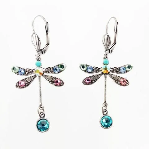 Fashion Dragonfly Earrings Female Temperament Long Simple Metal Inlaid Colored Pendant Earrings Jewelry