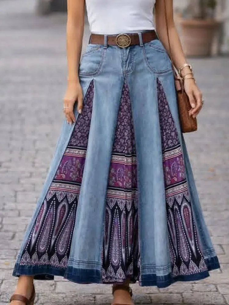 Women's High-waisted Casual Loose-fit Denim Skirt &mdash; Printed & Paneled A-line