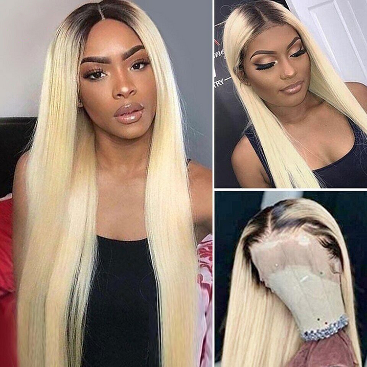 Chic Black Roots Ombre Blonde Straight Lace Front Wig [CW1067]