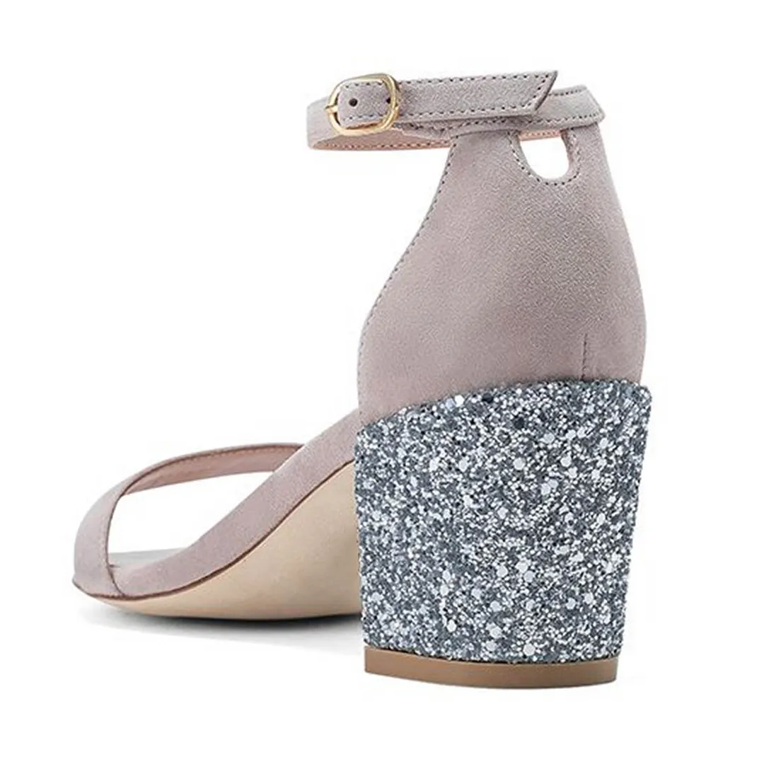 Stylish Nude Round Toe Chunky Heel Glitter Ankle Strap Sandals