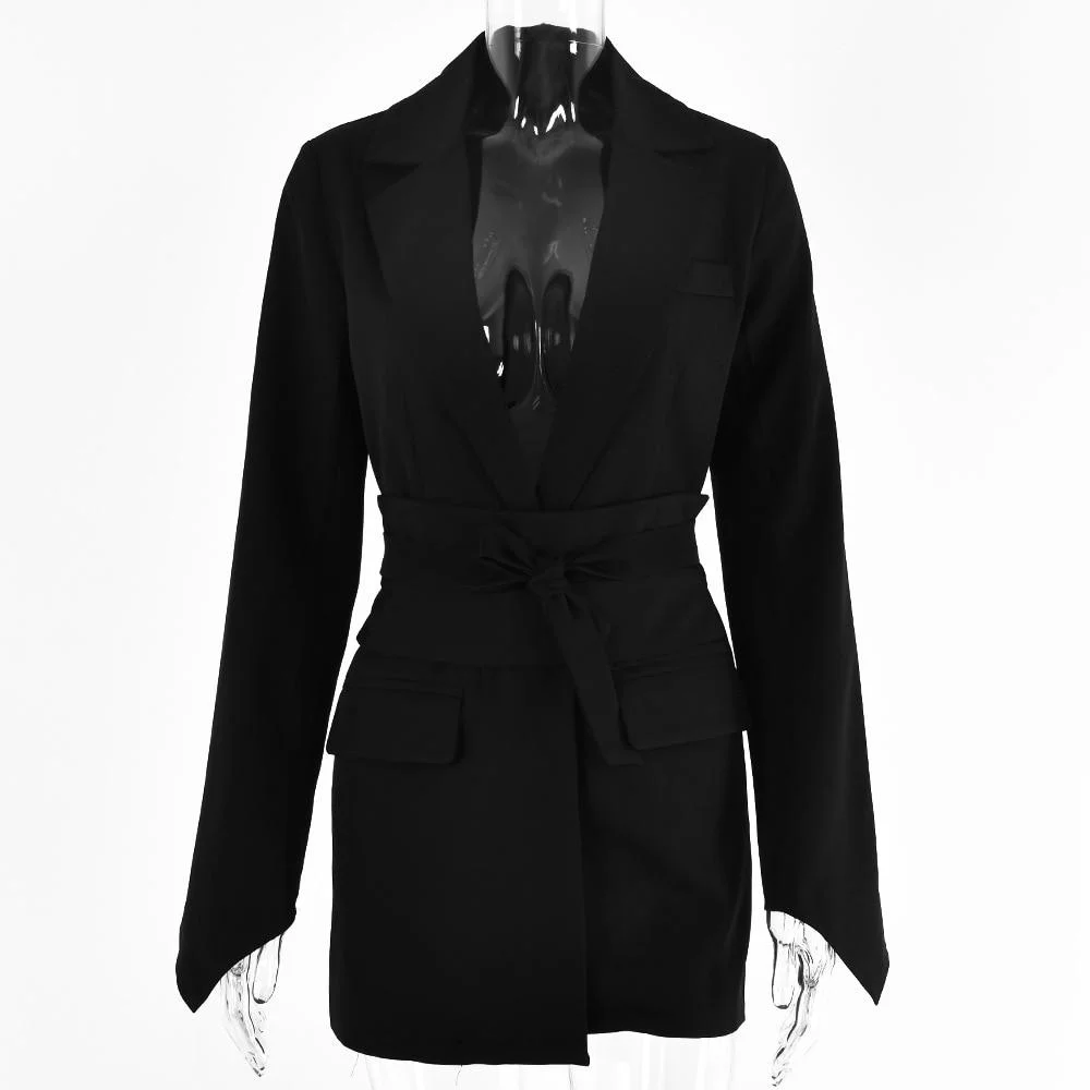 Women Wide Belt Slim Blazer New Lapel Long Sleeve Office Lady Suit Coat  Fashion Autumn High Street Cardigan Lace up Blazers