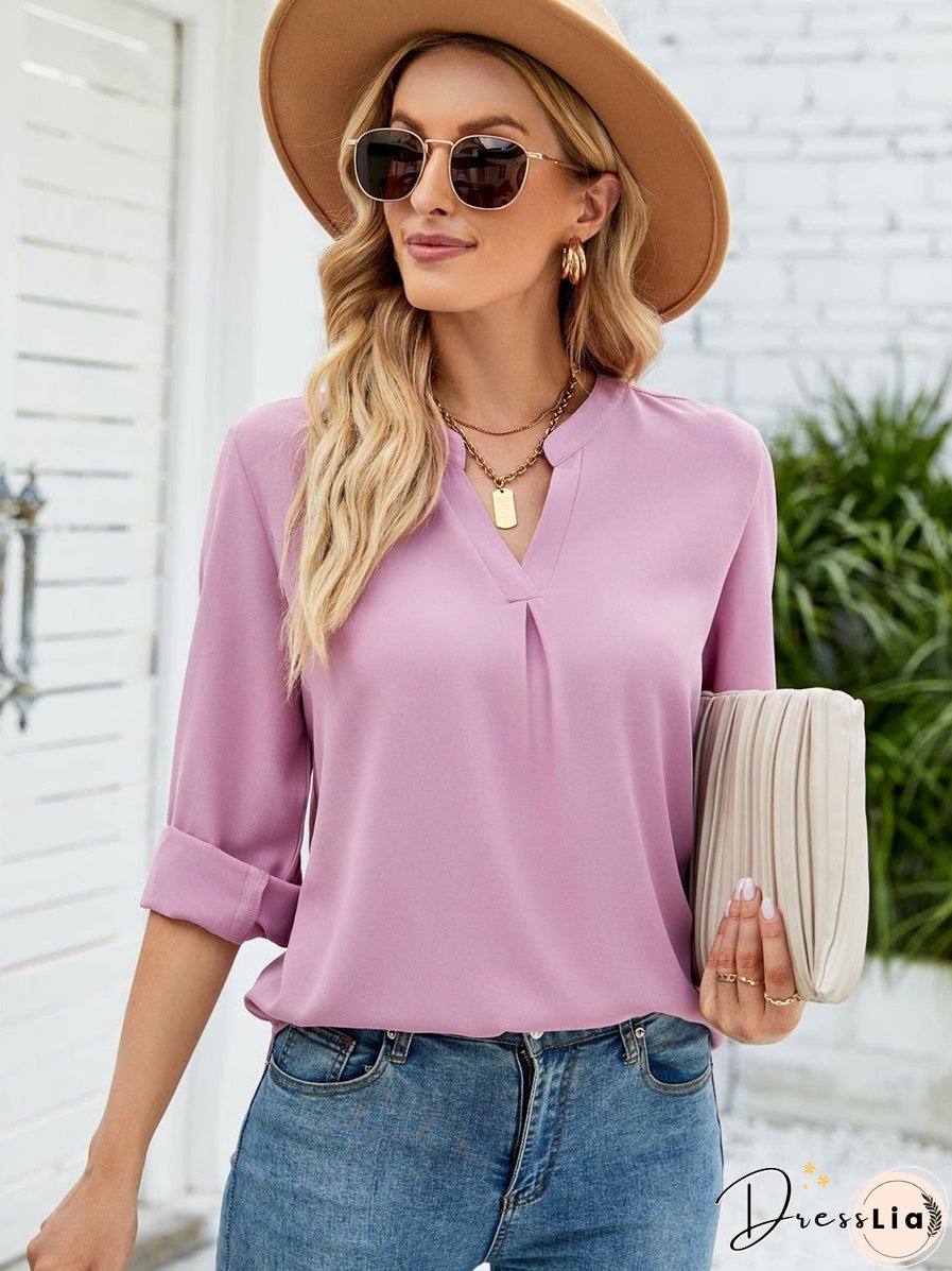 Solid Color Chiffon Loose V-Neck Long Sleeve T-Shirt