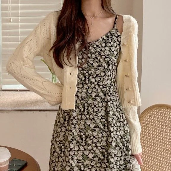 Floral Print Spaghetti-Strap Midi A-Line Dress / Cardigan YP1584