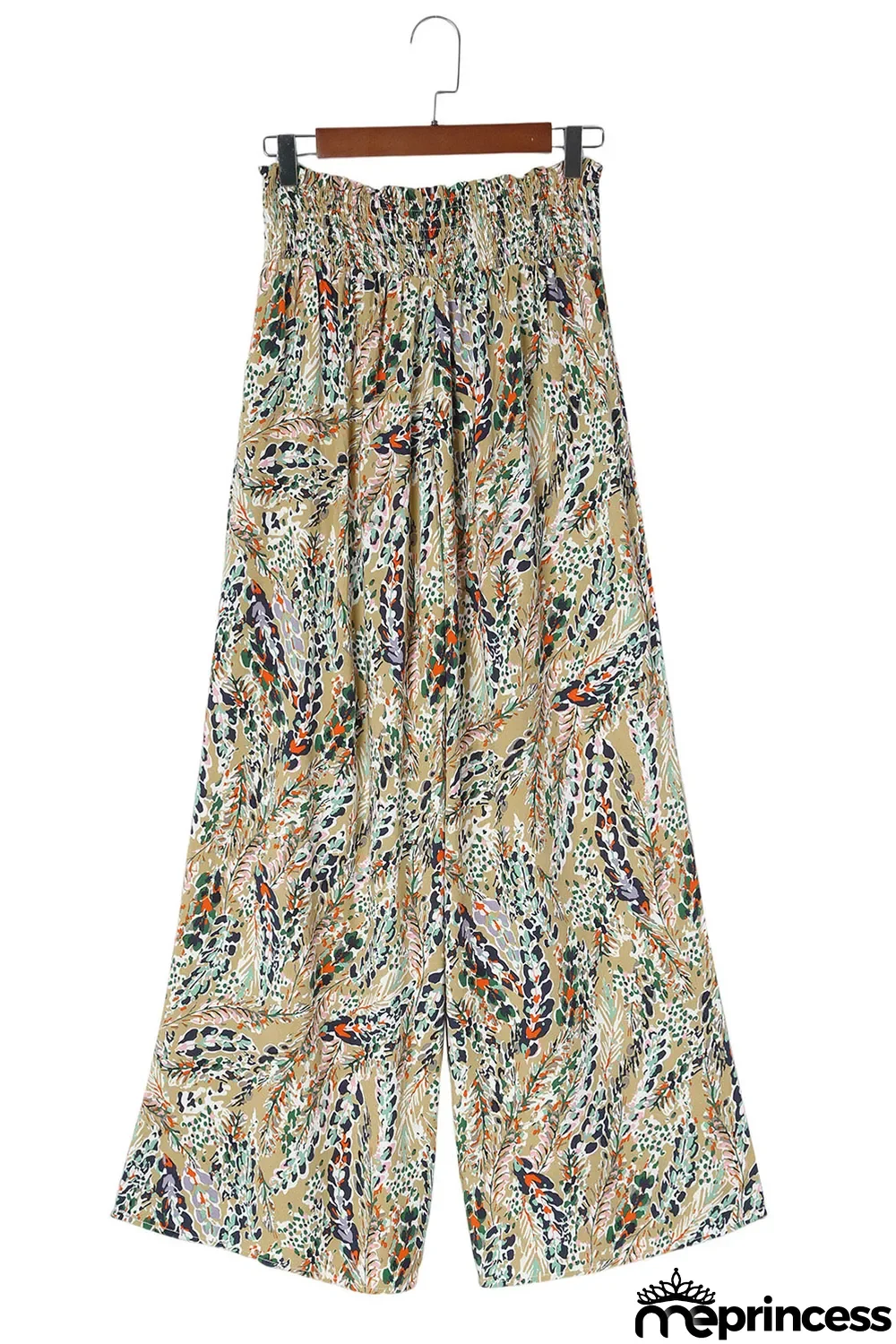 Multicolor Floral Print Shirred High Waist Wide Leg Casual Pants