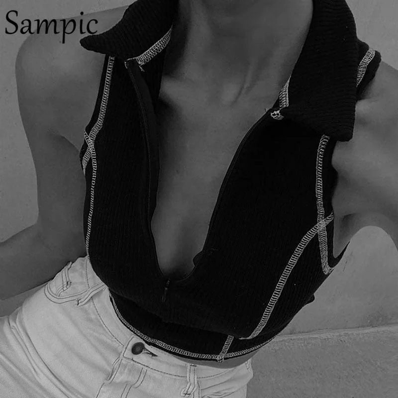 Sampic Harajuku Chic Sexy Women Polo Skinny Cropped T Shirt Tops Summer 2021 Y2K Club Casual White Basic Mini T Shirt Streetwear