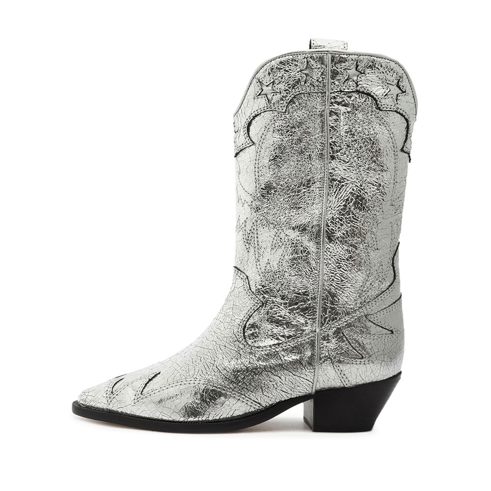 Silver Distressed Metallic Finish Pointed Toe Star inlay Wide Calf Cowgirl Boots