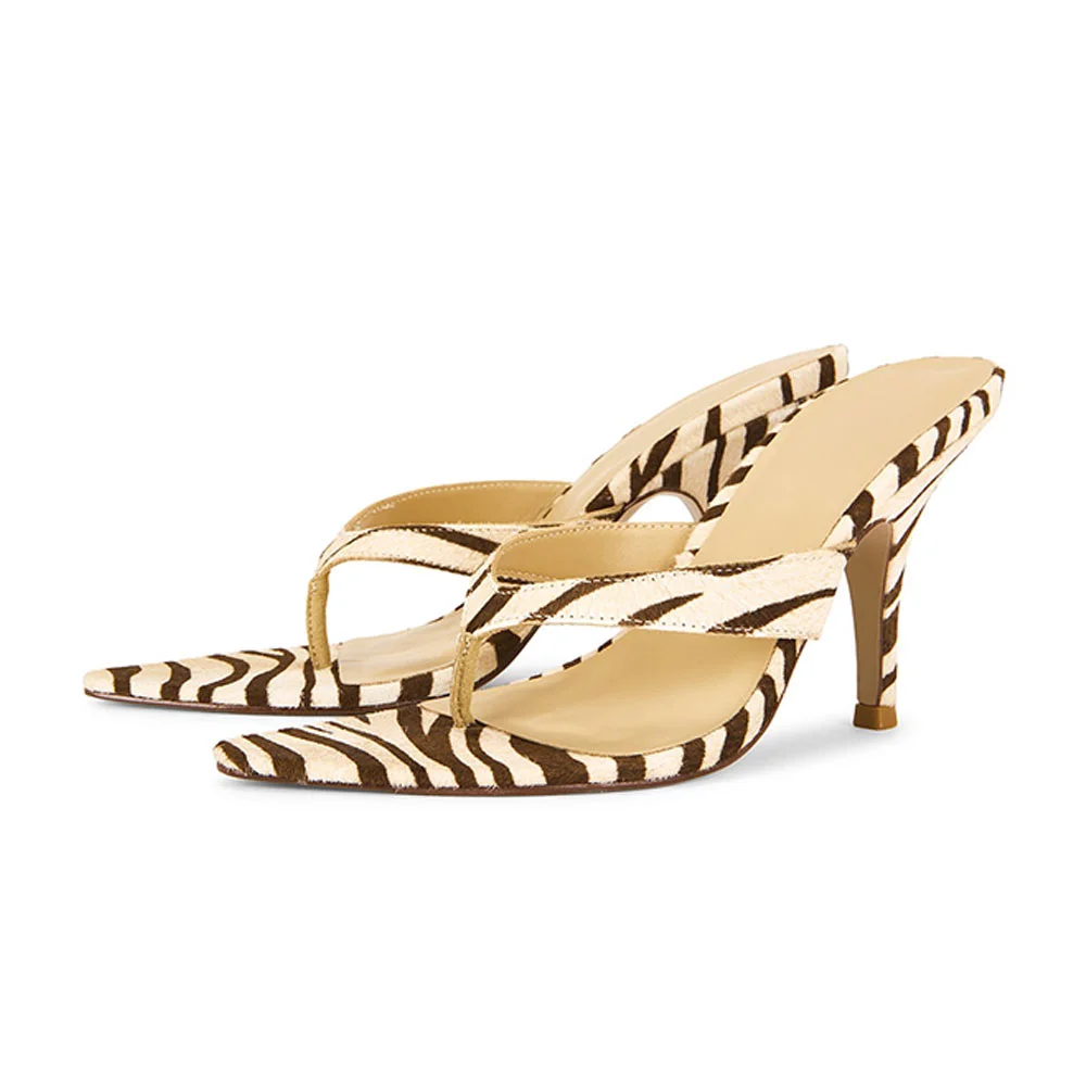 Brown & Beige Open Pointed Toe Flip Flops Zebra Print Mules Shoes