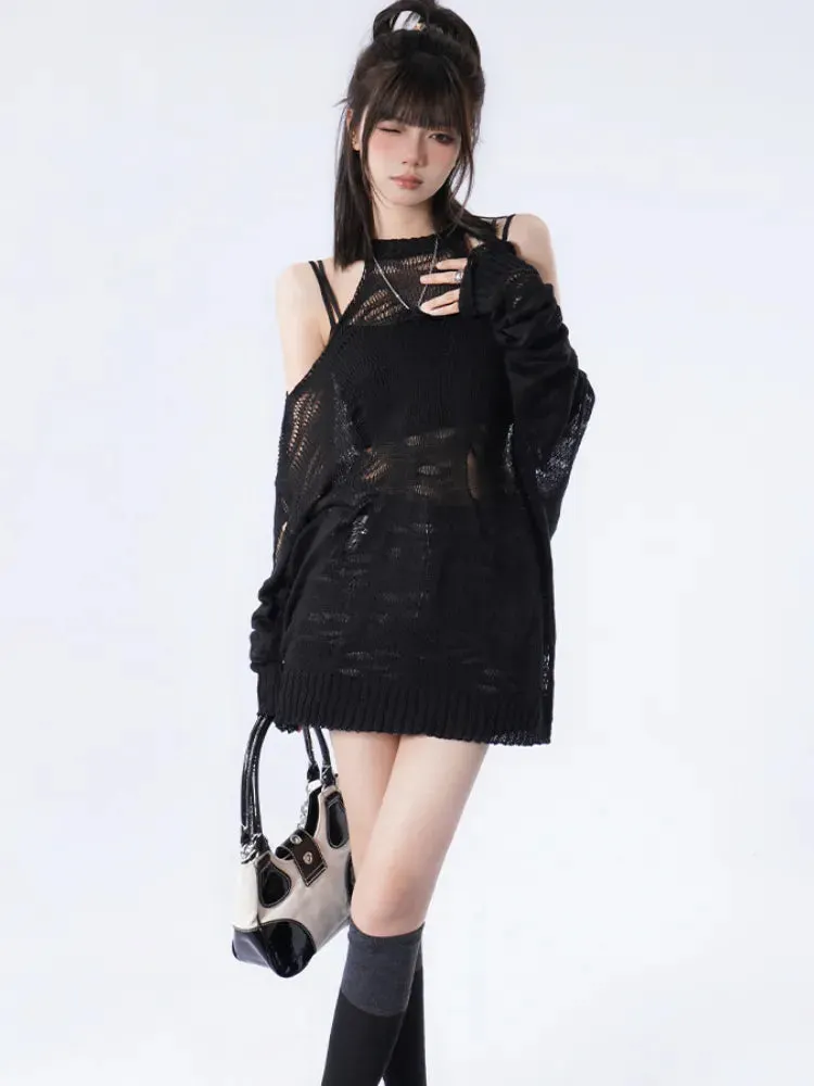 Brownm Distressed Cut-Out Fine Knitted Sweater