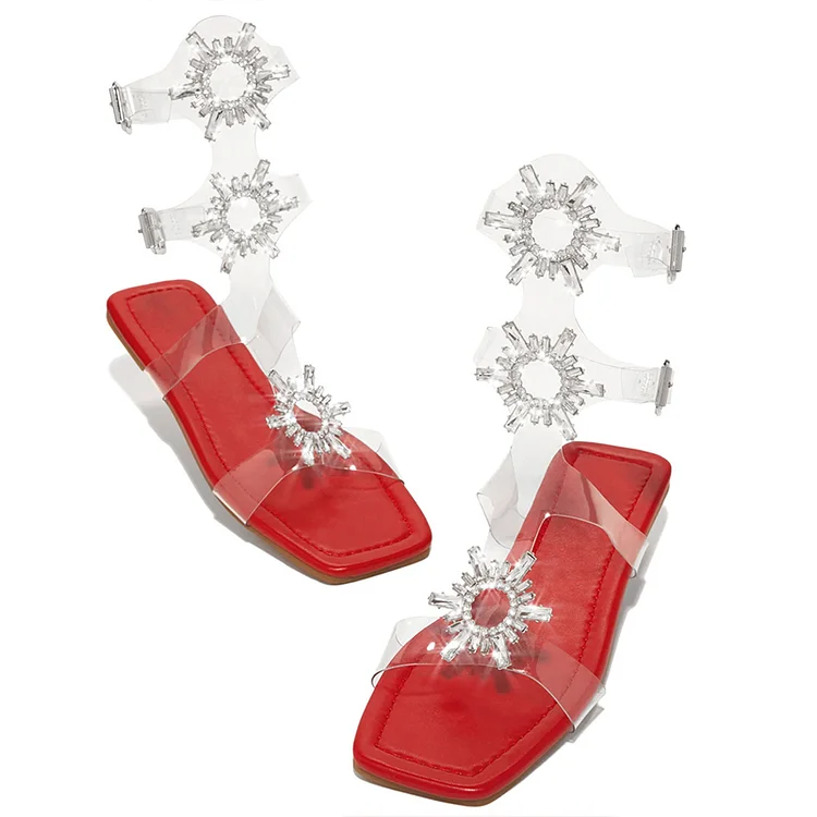 Red Strappy Sandals Square Toe Buckle Flat Shoes Clear Flats Vdcoo