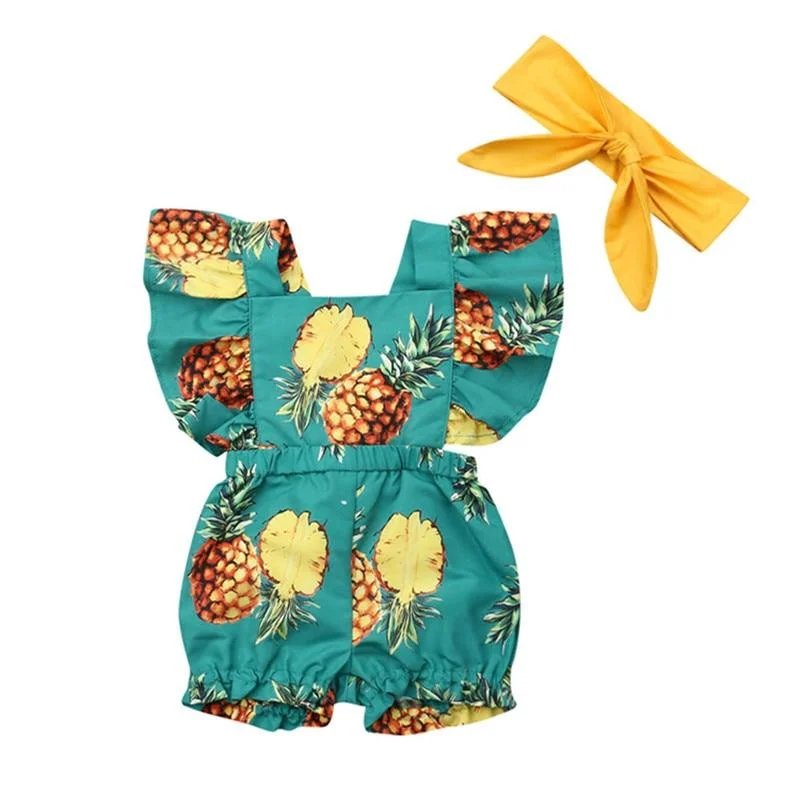 2019 Baby Summer Clothing Newborn Baby Girl Fly Sleeve Ruffle Romper Jumpsuit Headband 2PCS Outfits Set Pineapple Solid Clothes