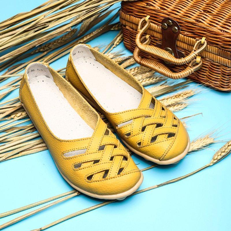 Hollow-Out Split Leather Slip-On Women's Flats | 168DEAL