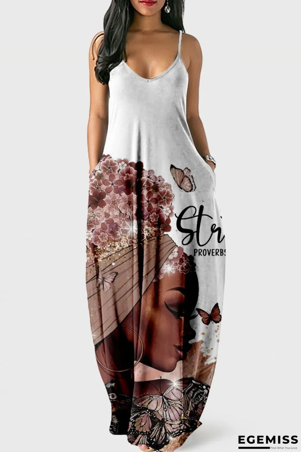 White Brown Fashion Sexy Print Backless Spaghetti Strap Long Dress | EGEMISS