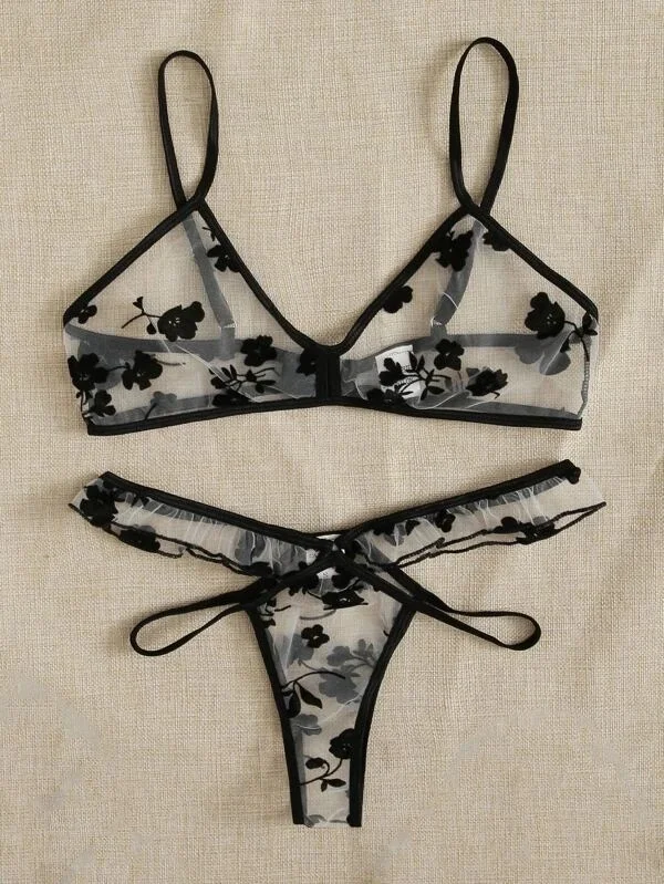 Uveng Sex Lingerie Sexy Women's Net Embroidery Perspective Three-Point Lingerie Set