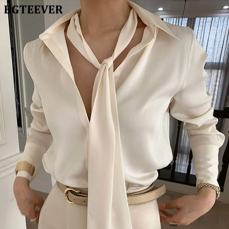 BGTEEVER Chic Turn-down Collar Scarf Women Shirts 2021 Spring Summer Ladies Single-breasted Blouses Tops Elegant Female Tops