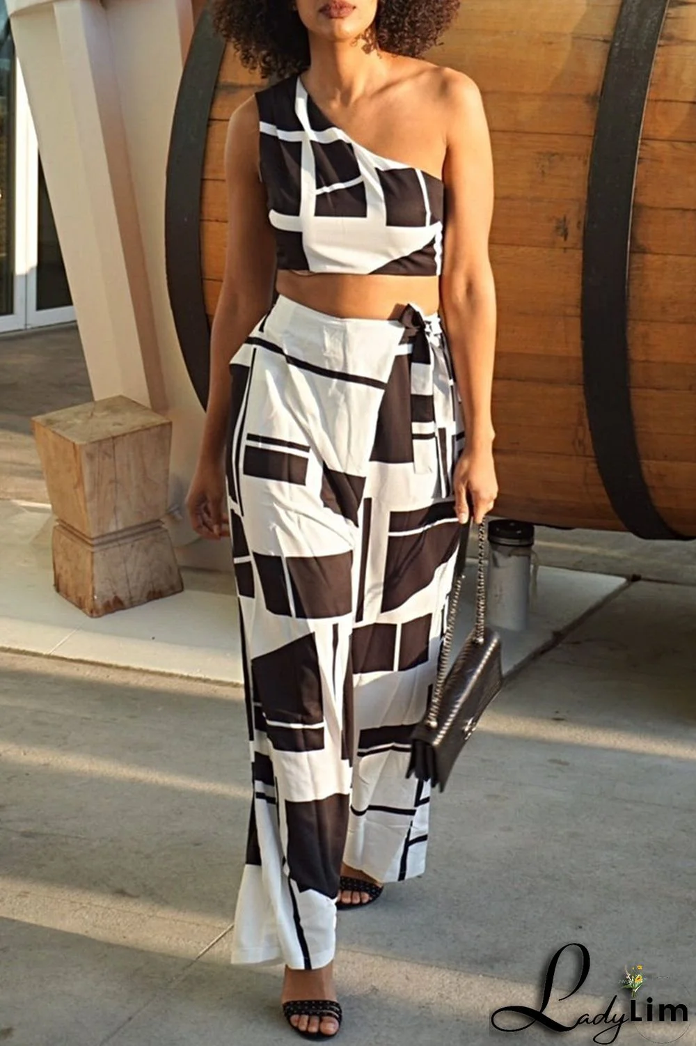 Black Sexy Casual Print Vests Pants One Shoulder Sleeveless Two Pieces