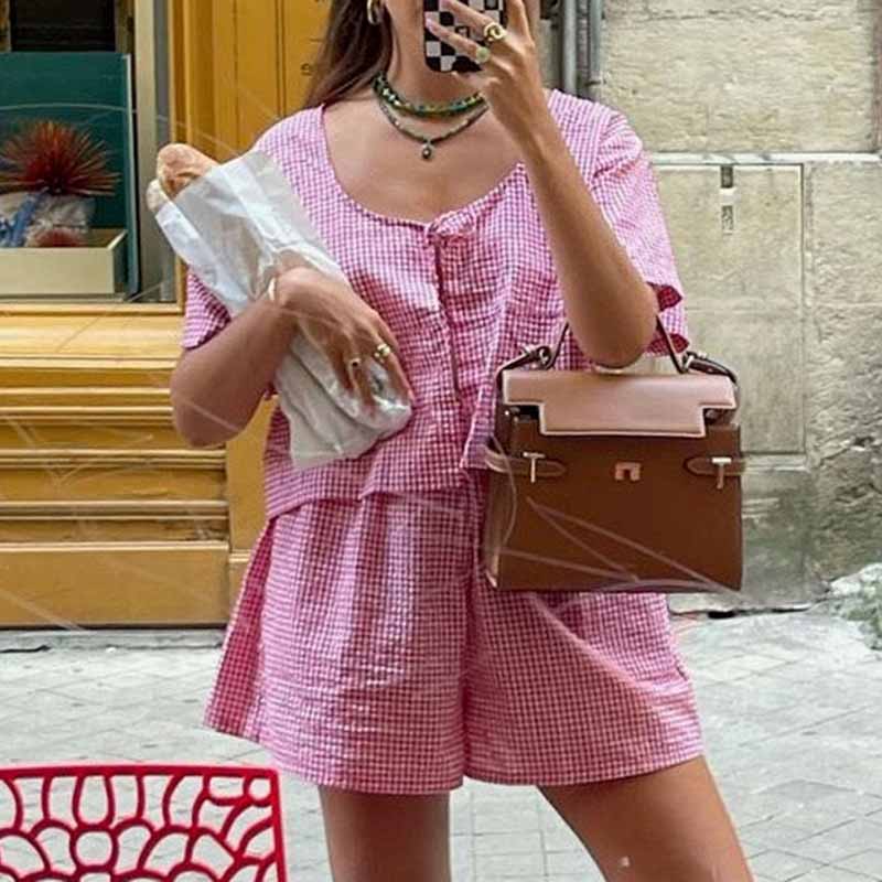 Maniros Vintage Plaid 2 Piece Set Front Tie Up Short Sleeve Blouse Shirt Crop Tops + Wide Leg Shorts Women Boho Beach Loose Matching Set