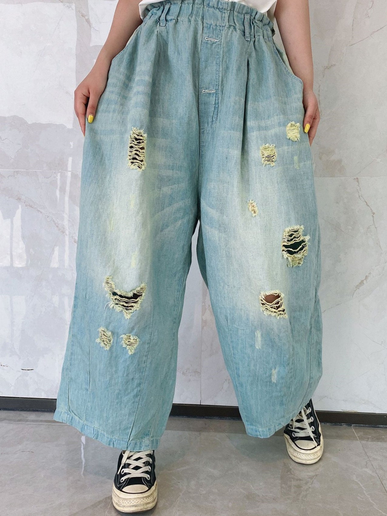 Women's Hole Casual Wide Leg Ripped Denim Cropped Pants