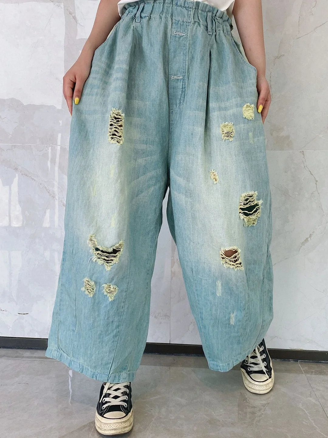 Women's Hole Casual Wide Leg Ripped Denim Cropped Pants