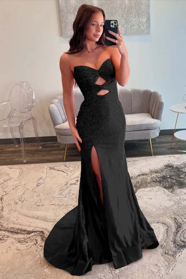 Oknass Strapless Sleeveless Mermaid Long Prom Dress With Split Sequins