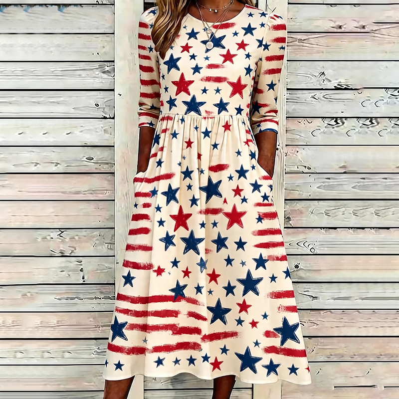  Women's Casual Pentagram Printed Round Neck Dress Westsshops