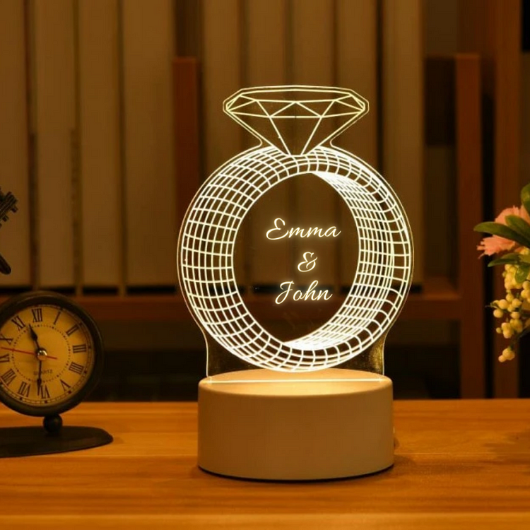 Lámpara 3D Ilusión Luz de Noche con anillo de diamante LED personalizada 2 nombres