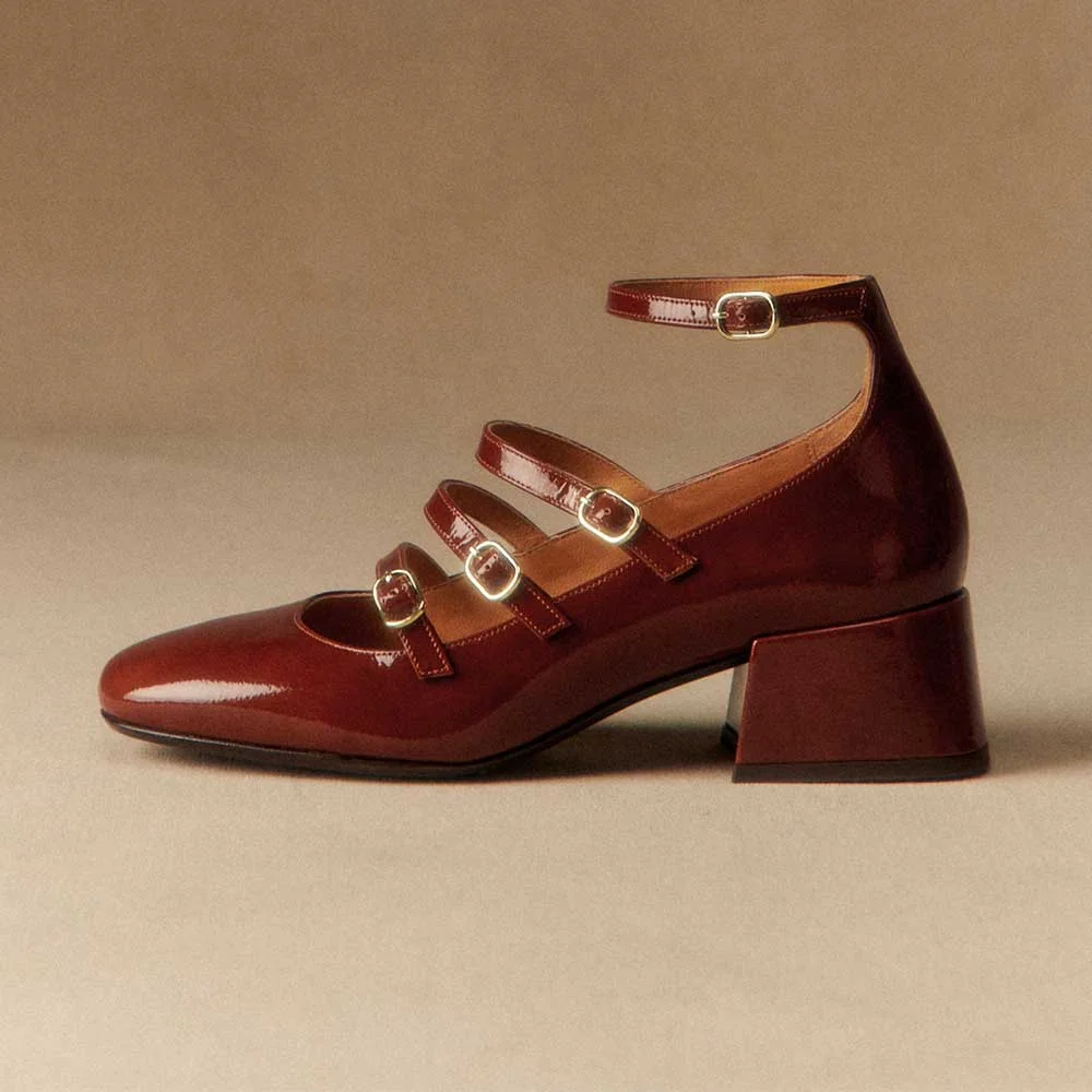 Maroon Patent Leather Square Toe Strappy Mary Jane Heels with Buckle
