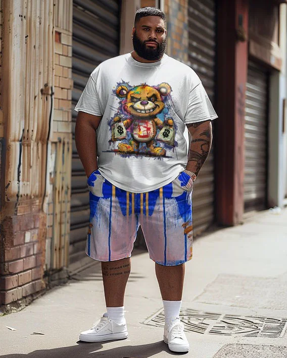 Men's Plus Size Street Casual Abstract Violence Graffiti Bear Print T-Shirt Shorts Suit