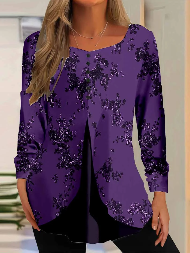 Women Graphic,Purple DZGG8256 Long Sleeve Scoop Neck Printed Graphic Button Fake 2in1 Tops