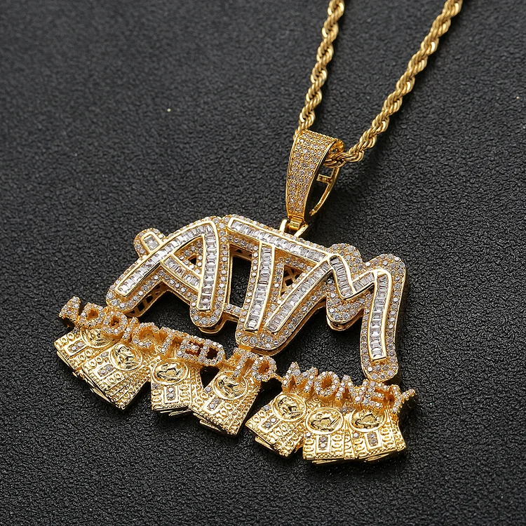 Hip Hop Copper Inlaid Zircon ATM Dollar Letter Pendant Jewelry Necklace-VESSFUL