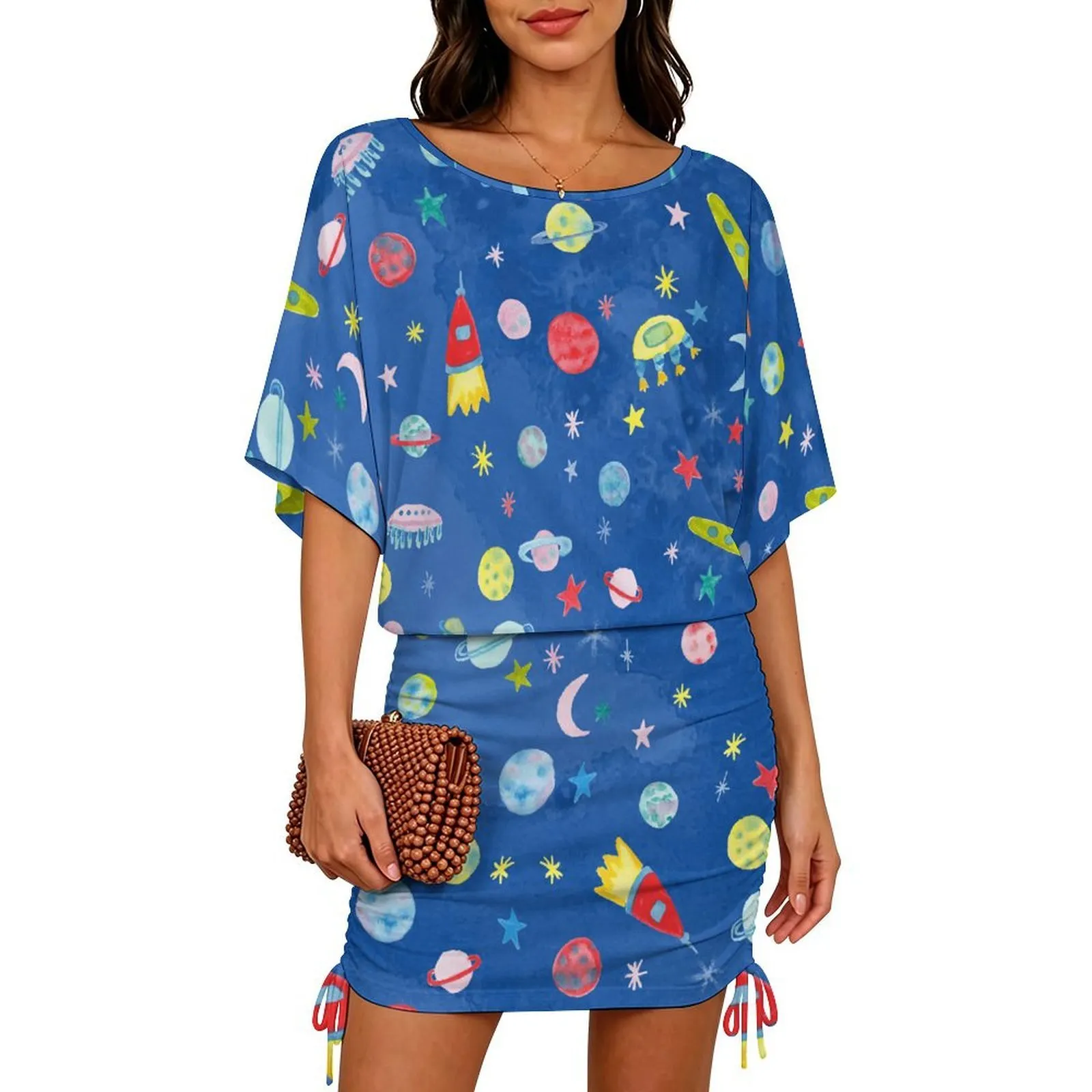 cartoon bodycon dress SFneewho® Happy Planets In Outer Space UFO Moons Rockets Stars Ruched Side Men's Dress Shoes – model: Eloise Size:J6